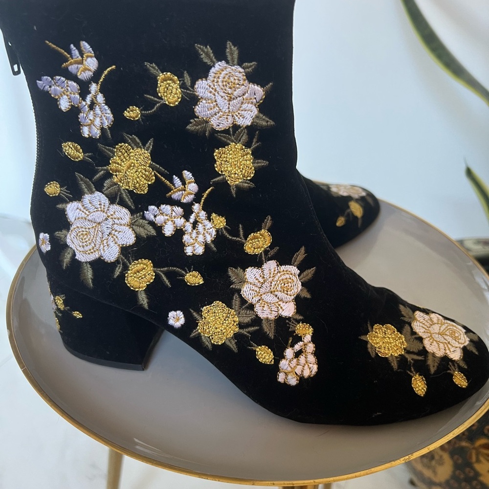 Embroidered Black and Gold Velvet Ankle Boots